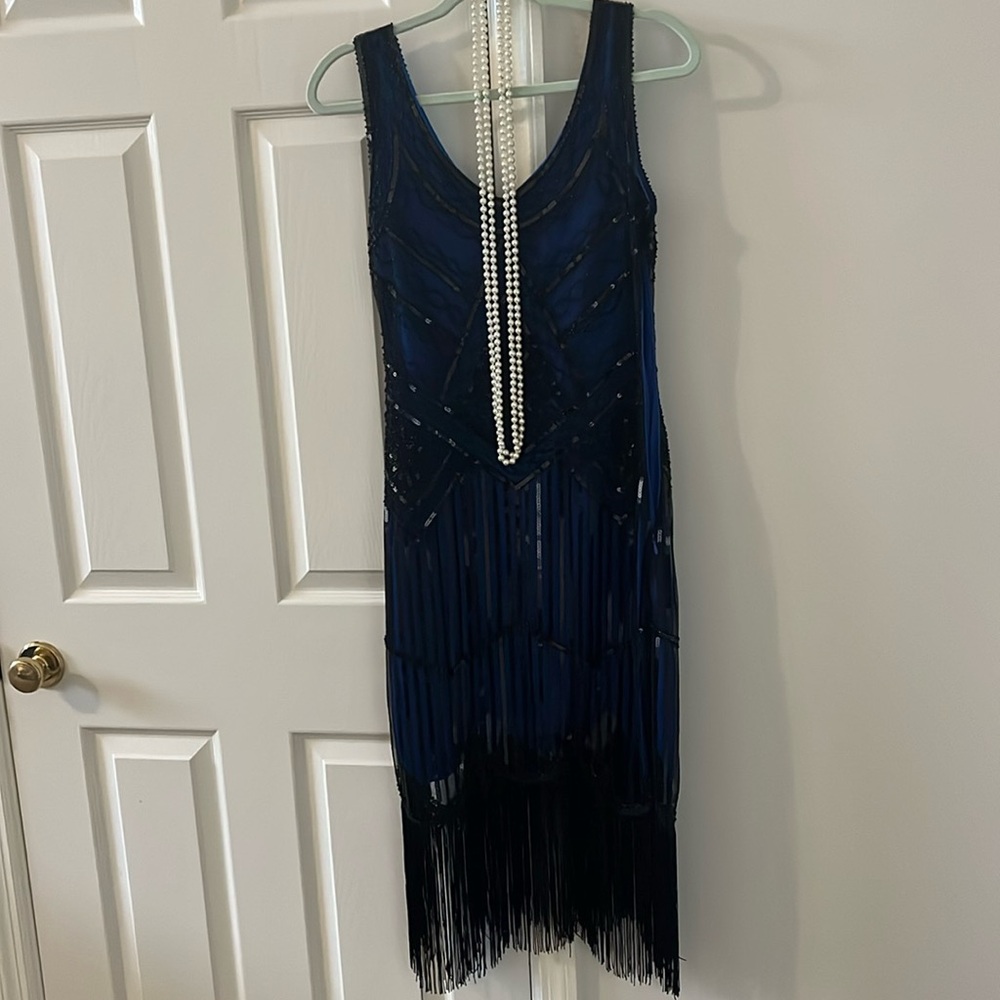 blue and black flapper dress